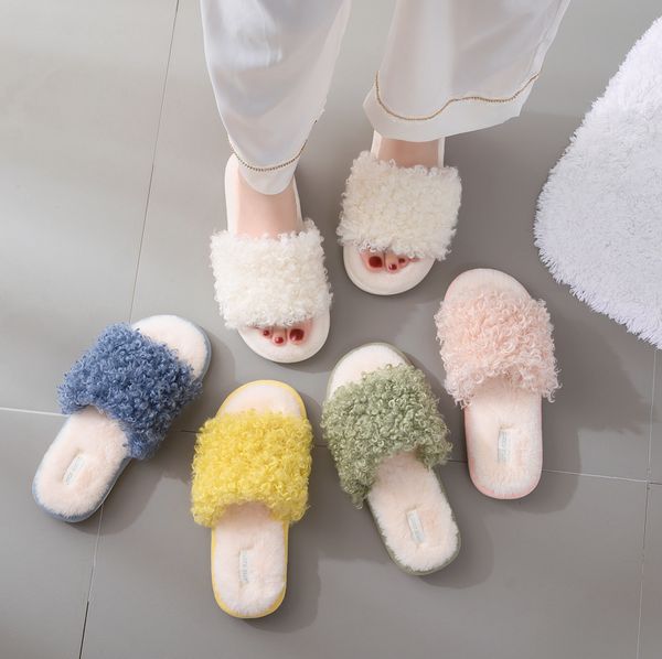 

cotton slippers cute open toe plush simple home warm indoor female, Black