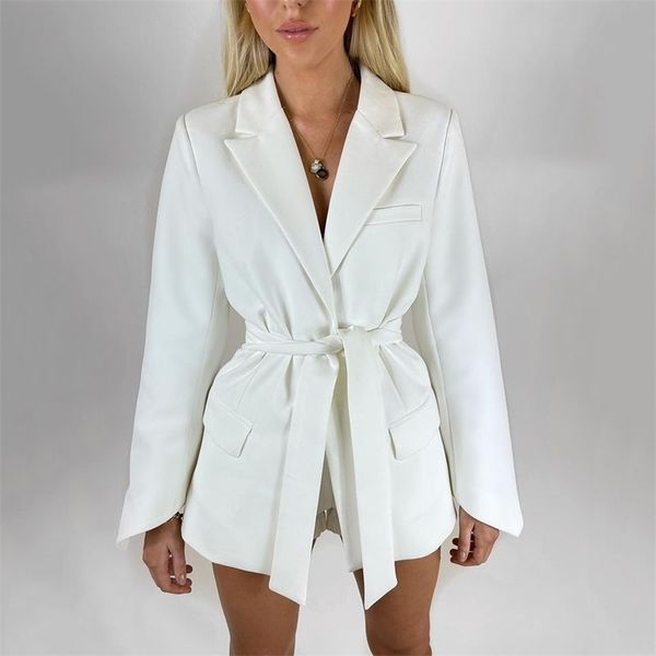 

office ladies blazer dress women suits with belt outerwear women's jackets long sleeve elegant white black jacket female 211122