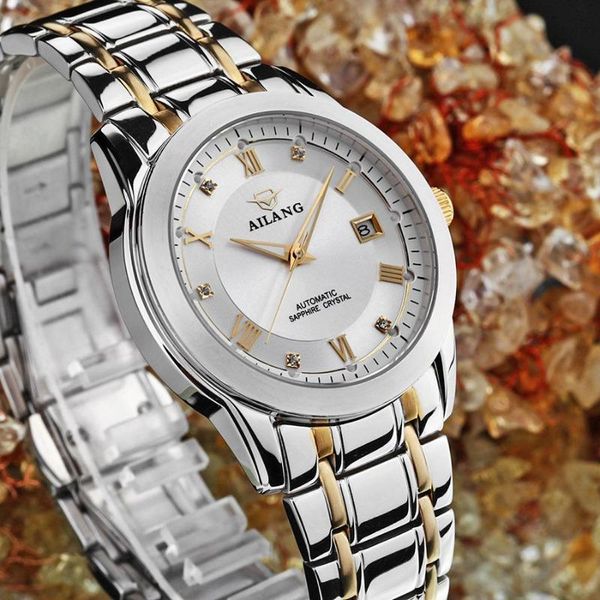 

luxury ailang gold plated men full steel watches fashion business clock mechanical roman dress wrist watch calendar reloj nw3314 wristwatche, Slivery;brown