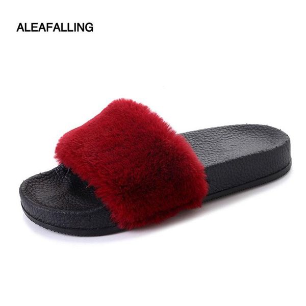 

slippers aleafalling winter women slipper warm short plush classical rubber flat slides soft home flip flops female shoest76, Black