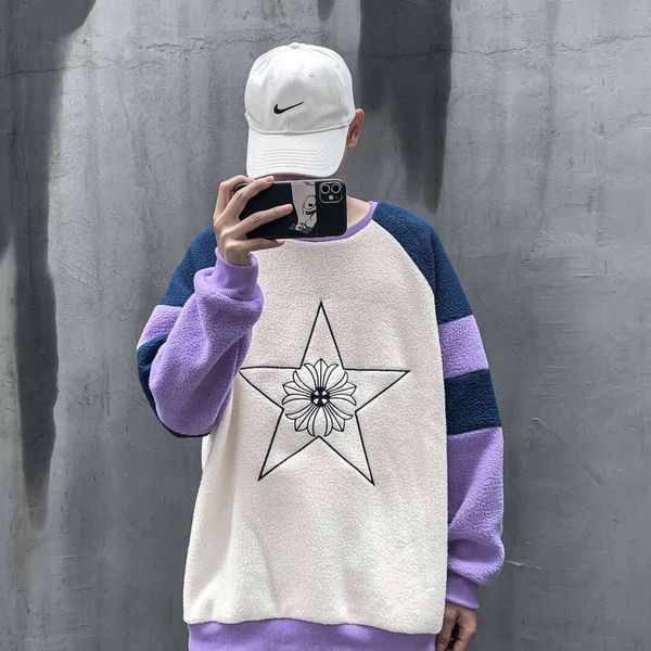 

polar embroidered sanskrit chao fleece pentagram brand crosin horseshoe cross thickened color matching sweater, White;black