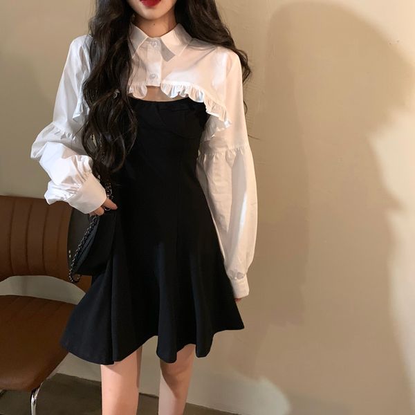 

two pcs set summer korean style long sleeve shirt+strap dress 2pcs set women clothing set (c2823 210423, Black;gray