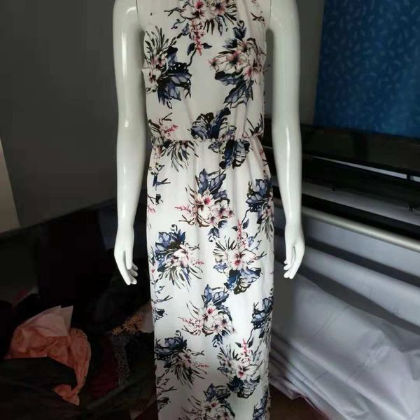 

seaside bohemian elegant sleeveless print split length holiday dress, White;black