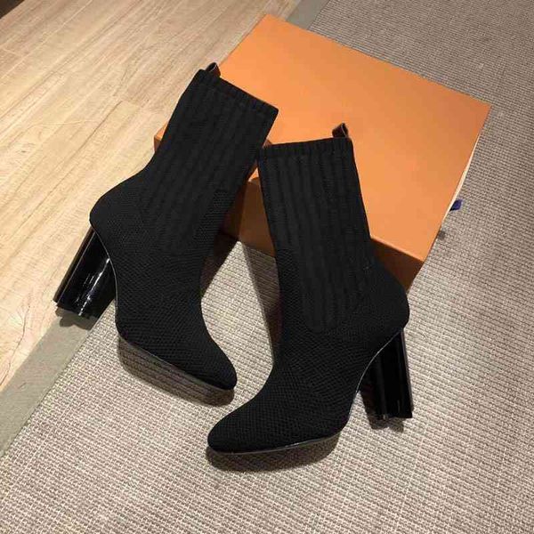 

socks designer boots autumn winter women shoes knitted elastic letter martin thick heels hige-heeled, Black