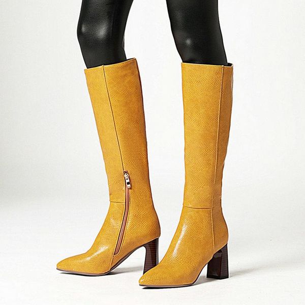 

boots black white blue autumn winter women fashion zipper thick high heel knee ladies pointed toe long