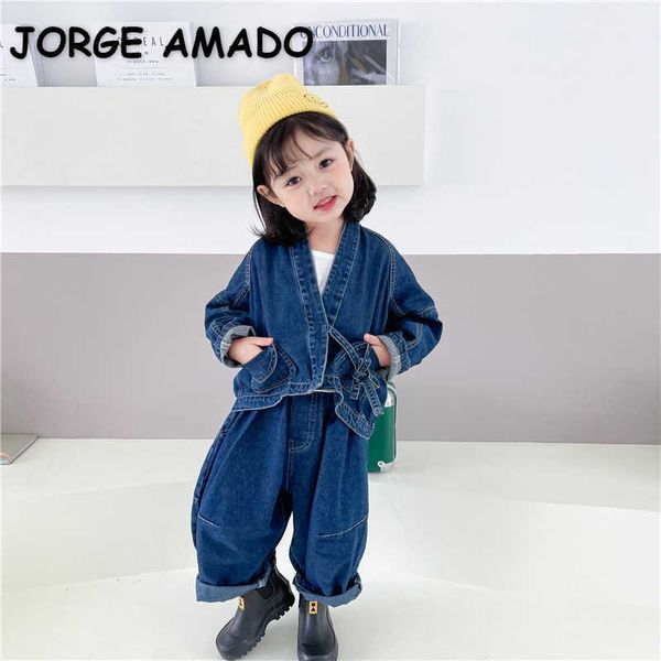 Primavera Bebé 2-PCS Define mangas compridas Solto denim jaqueta + calça estilo casual roupas crianças E5060 210610