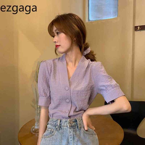 

ezgaga vintage short puff sleeve women blouse v-neck chic crop solid thin single-breasted summer korean fashion shirts 210430, White