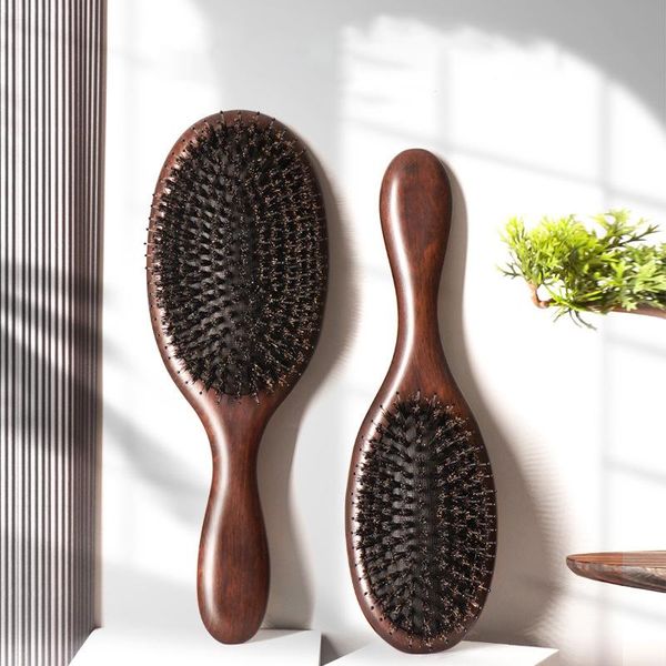 

hair brushes natural boar bristle hairbrush massage comb anti-static scalp paddle brush sandalwood handle styling tool, Silver