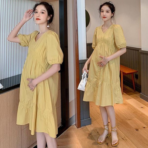 

maternity dresses 700# dress summer short sleeves solid color o neck yellow loose stylish pregnant women mom, White