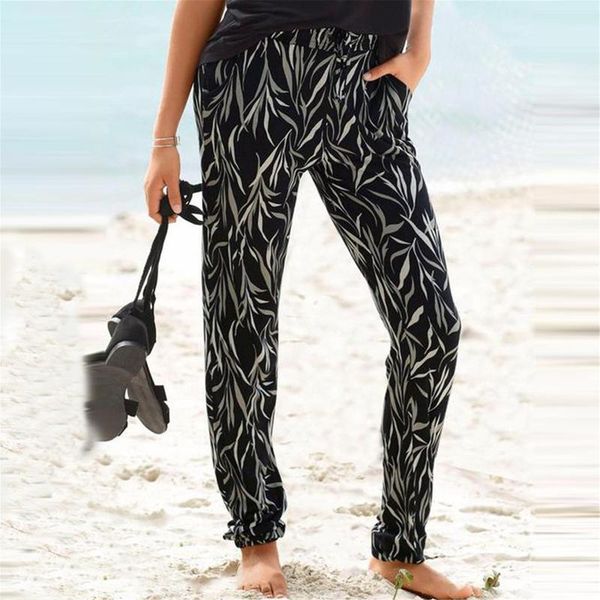 

women's pants & capris plant leaf printed women 2021 high waist spring autumn baggy fashion oversize sports trousers, Black;white