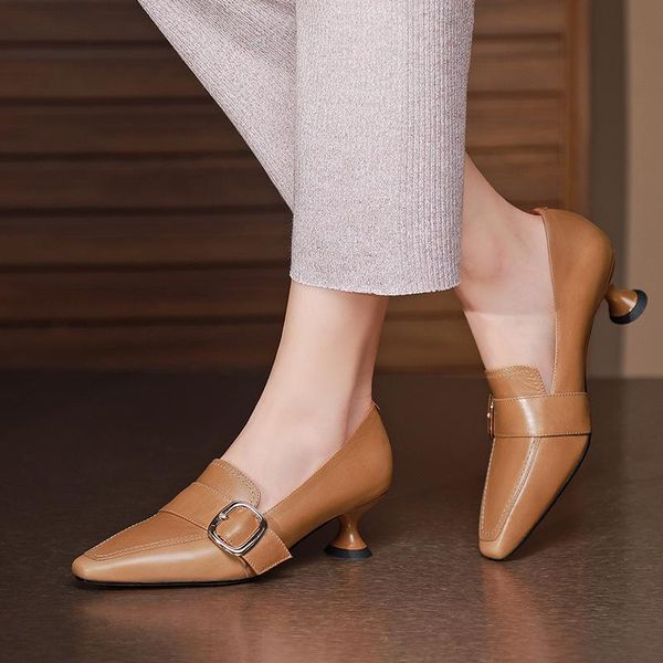 

dress shoes plus size women 2021 high heel square head retro genuine leather loafers casual moccasin pumps lady 34-42, Black