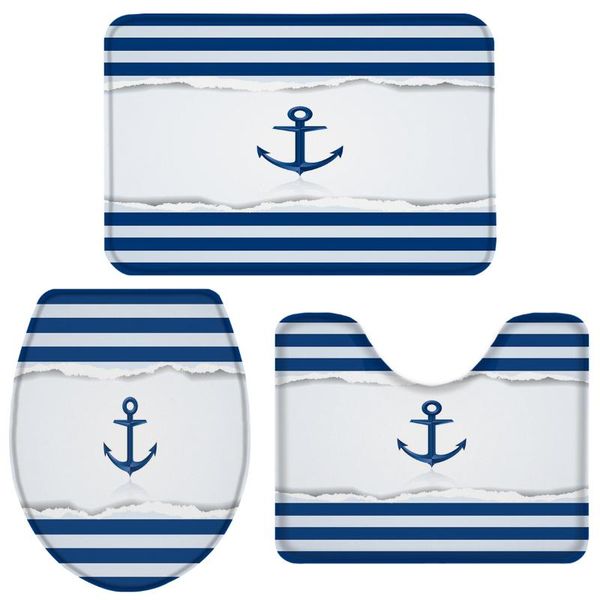 

anchor blue white lines bathroom set toilet cover mat pedestal rug non-slip accessories doormat bath accessory