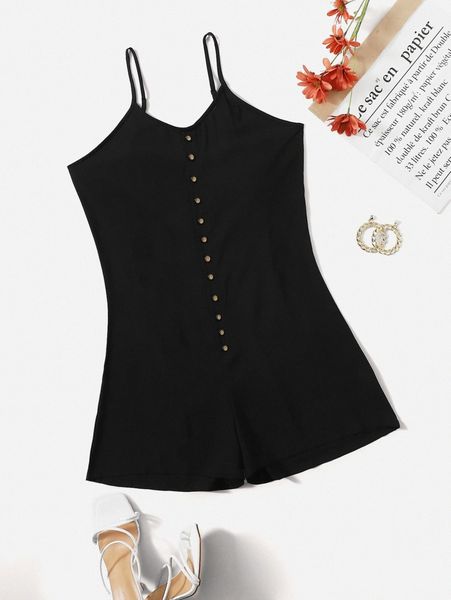 

plus button front cami romper v0sm#, Black
