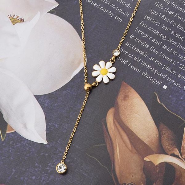 

pendant necklaces korean fashion fresh style flower 316l stainless steel small daisy tassel wholesale jewelry, Silver