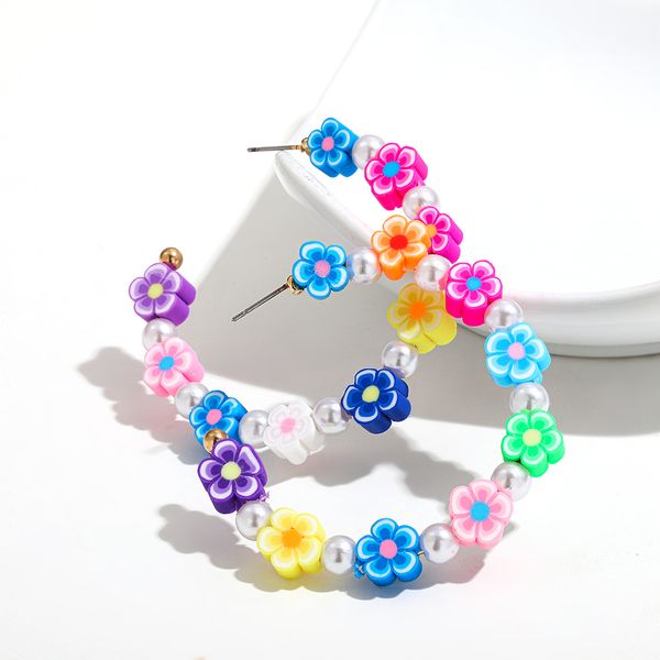 

bohemia polymer clay colorful flower circle dangle earrings for woman vintage c shape geometric imitate pearl big pendant earrings, Silver