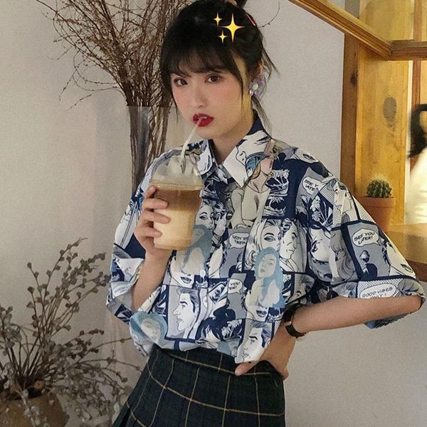 

cartoon print short sleeved womens blouses loose summer fashion, White