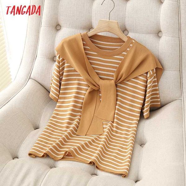 Tangada Coréia Chic Mulheres Listrado Padrão de Verão Camisola De Manga Curta Senhoras Estilo Escola Estilo De Tricotada Jumper Tops 7H07 210609