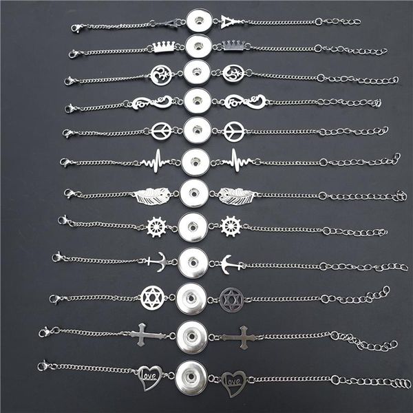 

charm bracelets 12pcs stainless steel bracelet 18mm snap buttons feather crown yoga cross forever peace love star wheel rudder ecg tower mix, Golden;silver