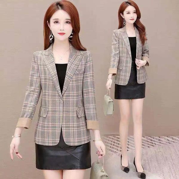 

women's jackets one button casual iacket women coat 2021 fashion v-neck slim plaid suit coats plus size 3xl jacket light top, Black;brown