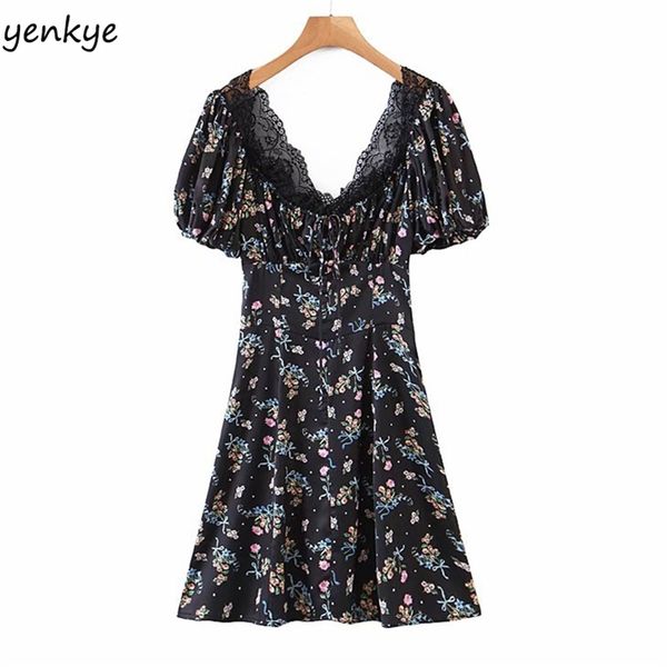 

summer women lace trims vintage floral print dress short sleeve v neck high waist a-line mini dresses chiffon vestido 210514, Black;gray