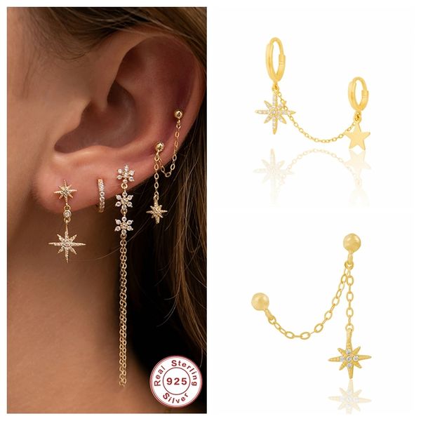 

1pcs pretty 925 sterling silver stud korean ins snowflake zircon drop chain earrings orecchini for lovers' party gift, Golden