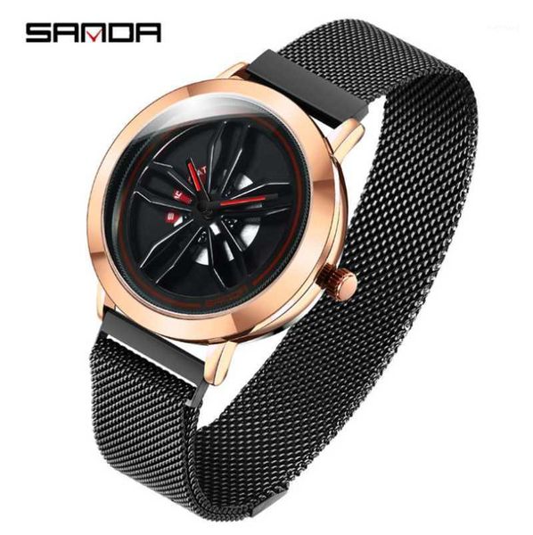 

wristwatches sanda rotate dial men's watches rose gold mesh watch men fashion business wrist relogio masculino p1009, Slivery;brown