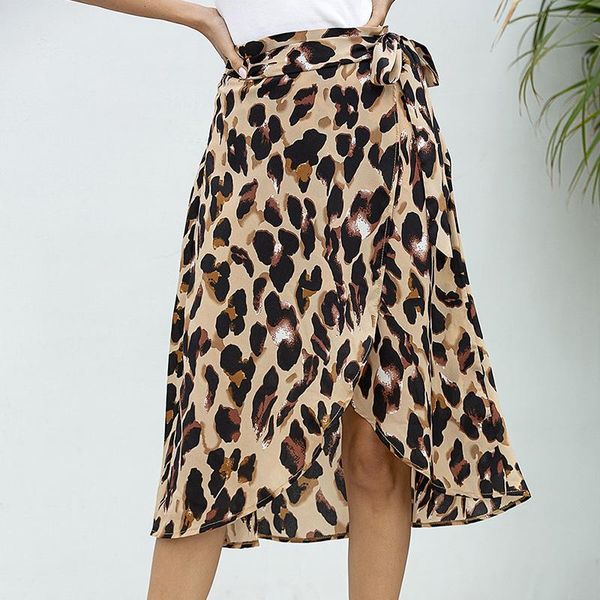 

skirts leopard printed chiffon women 2021 summer fashion boho style high split beach club party retro middle long, Black