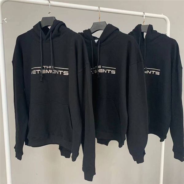 

hoodies 21fw hip-hop reflective letters vetements hoodie men women 1:1 pullover embroidered hooded sweatshirts, Black