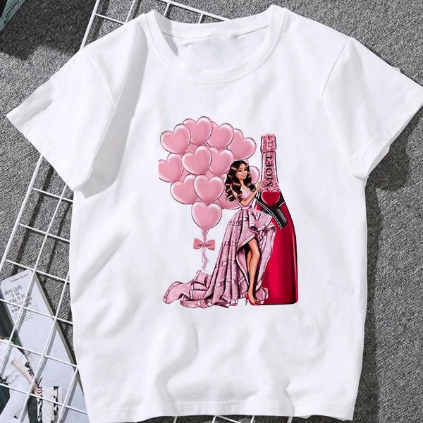 

women's t-shirt fashion beauty champagne pattern printing summer harajuku short sleeve round neck kawaii girl white tee