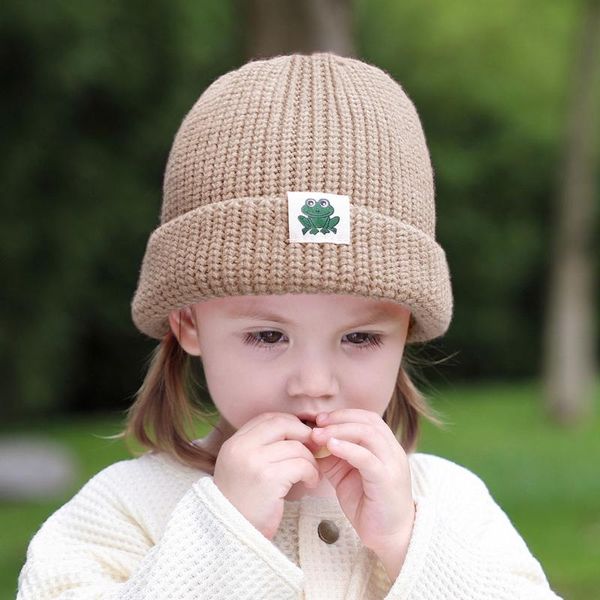 

caps & hats 83xc autumn winter solid color baby knitted hat kids girls boys frog cloth label beanies warm soft casual hemming, Yellow