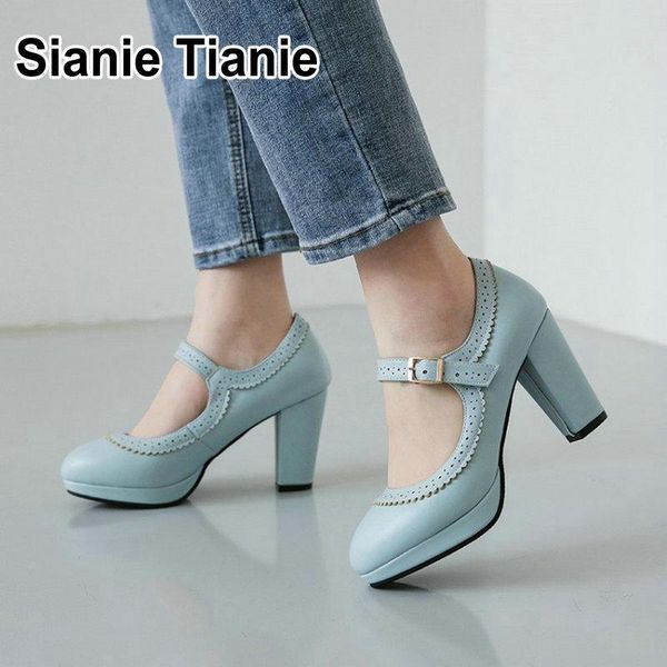

dress shoes sianie tianie 2021 spring autumn wedding ladies pumps round toe thick high heels buckle strap womens mary janes size 33-48, Black