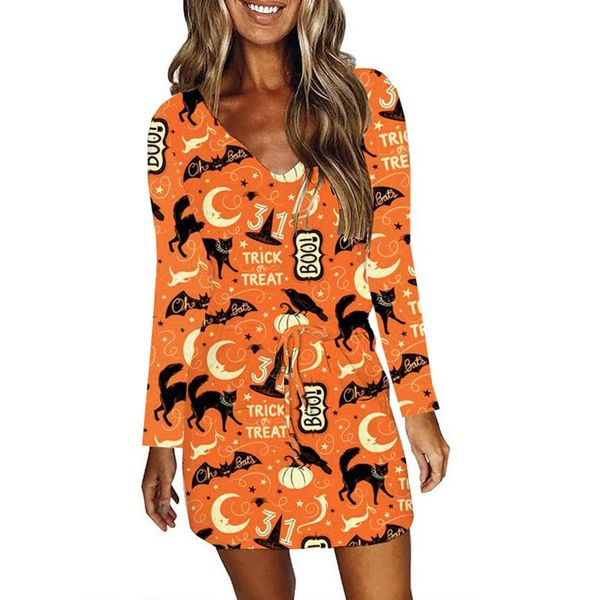 

casual dresses halloween drawstring dress patchwork print long sleeve v neck mini for women 2021 pullover vintage 40#, Black;gray