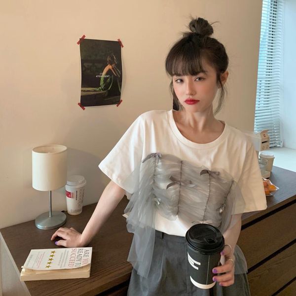 

women's t-shirt tees ladies mesh patchwork bow summer sweet style clothing t shirts loose ins korean fashion clothes female, White