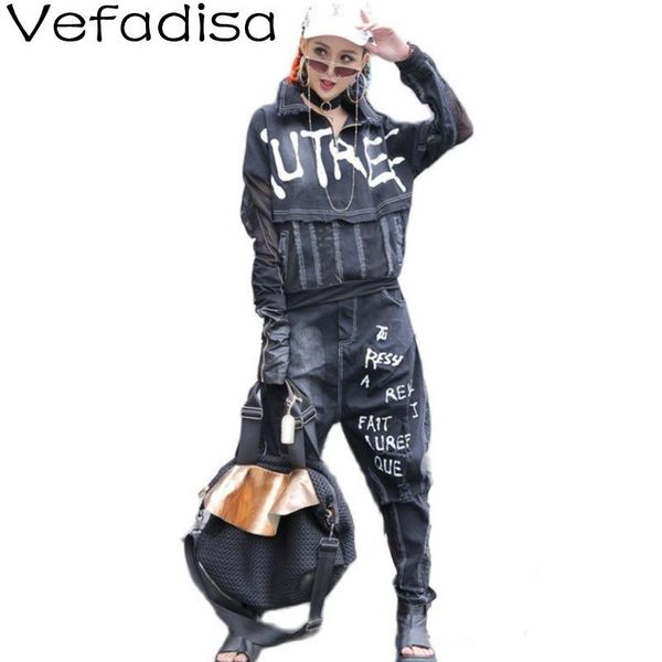 

women's two piece pants vefadisa 2021 spring autumn women swearcasual streetwear letter print set retro design distressed denim suit026, White