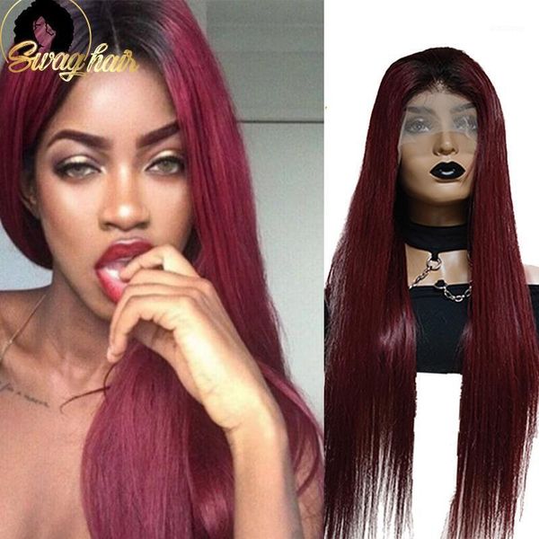 

bouncing straight hd lace front wig 1b/99j ombre human hair wigs for black woman 30inch pre1, Black;brown