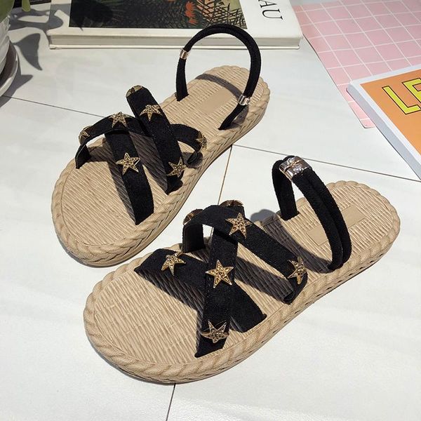 

sandals 2021 women fashion espadrilles gladiator beach summer shoes woman rome style flat chaussures femme, Black