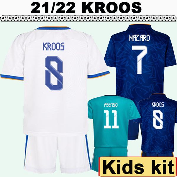 

2021 2022 hazard benzema isco kids kit soccer jerseys modric mariano kroos asensio alaba home white away blue 3rd child football shirt unifo, Black