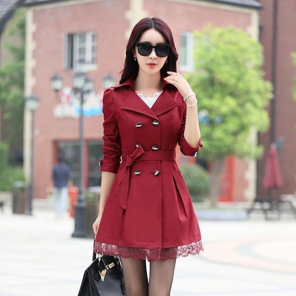 

women's trench coats 2021 autumn korean large lace slim fit double breasted medium and long windbreaker coat, Tan;black