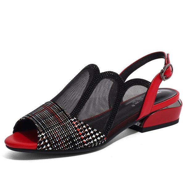 

sandals peep toe vrouwen sandalen, lage vierkante hak, vrouw mesh schoenen, casual hollow out gesp, big size, zwart rood, Black