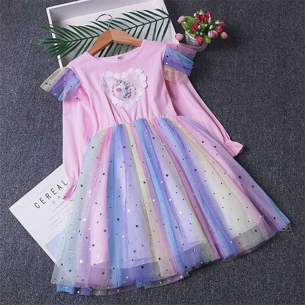 

unicorn princess dress autumn girls rainbow star birthday wedding dresses 3-10 years sweet kids flower vestidos children clothes 211025, Red;yellow