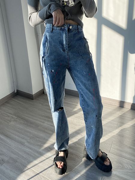 

jean women's hole jeans high waist splash painted loose early autumn ladies casual denim long trousers, Blue