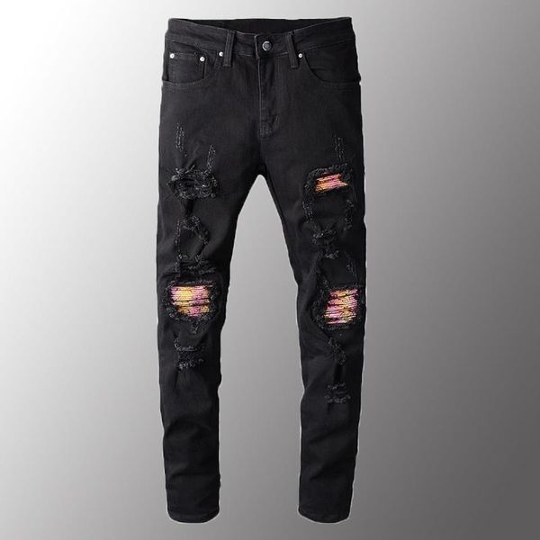 Männer Jeans Männer Luxus Rosa Bandana Patchwork Biker Schwarz Stretch Denim Löcher Zerrissene Dünne Hosen Plus Größe 40