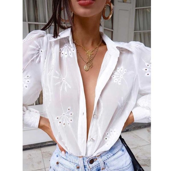 Inspirado Algodão Blusa Branco Manga Longa Camisas Perfuradas Padrão Mulheres Tops Primavera Verão Top Casual Beach Cobertura 210412