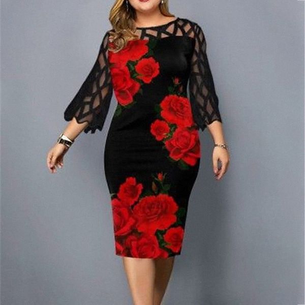 

women's plus size sheath dress floral round neck print 3/4 length sleeve fall midi dress date vacation dress h3k4#, Black