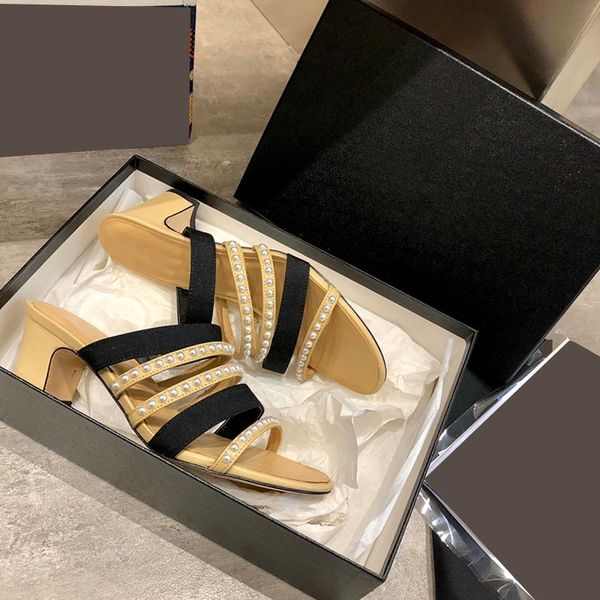 

slippers women summer 2021 fashion pacthwork slip on beach slids luxury pearlhigh heels pumps gladiator sandals shoes, Black
