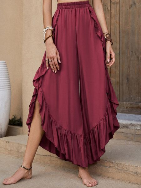 

rusttydustty elastic waist ruffle hem wide leg pants p9ow#, Black;white