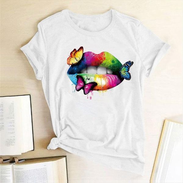 

colorful lips butterflies printing women summer aesthetic clothes cotton for fashion camisetas mujer, White