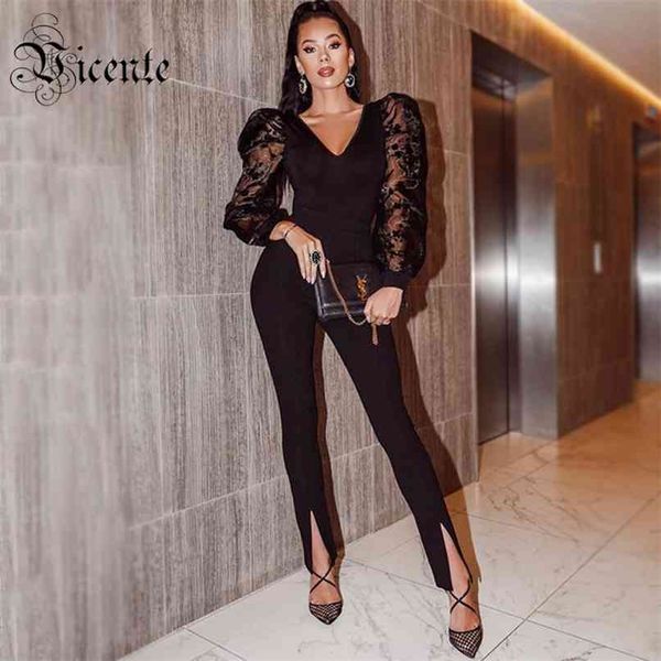 

chic puff sleeves design sheer mesh splicing v neck black bandage jumpsuit office lady party wear 210520, Black;white