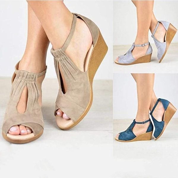 

summer large fish mouth sandals suede one line buckle slope heel for women, Black