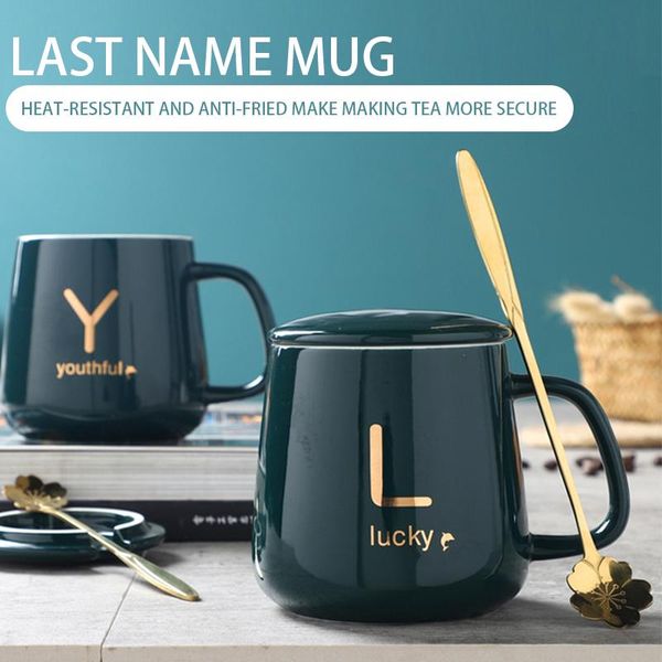 

mugs 460ml ceramic creative letter pattern last name water cup milk coffee drinkware with spoon lid gift set